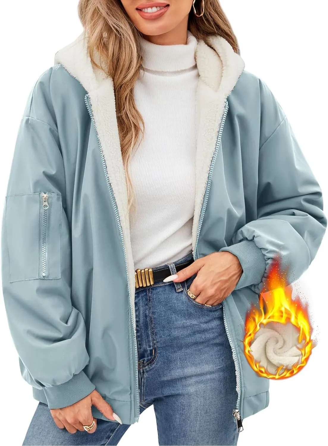 Rain Coat for Women Waterproof Reversible Fleece Line Jacket Loose Fit Zip Up Hoodie Insulated Windbreaker with Pocket