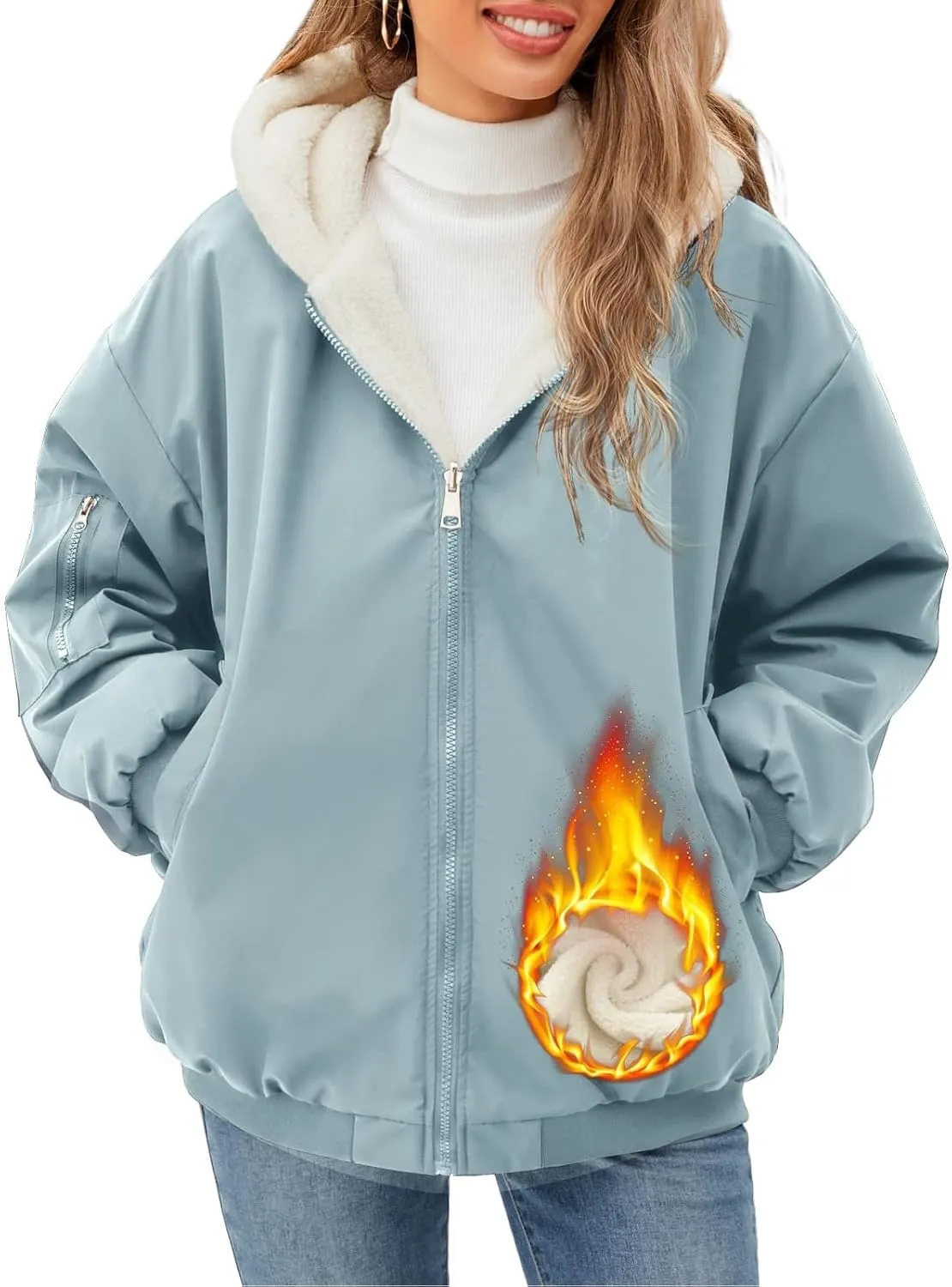 Rain Coat for Women Waterproof Reversible Fleece Line Jacket Loose Fit Zip Up Hoodie Insulated Windbreaker with Pocket