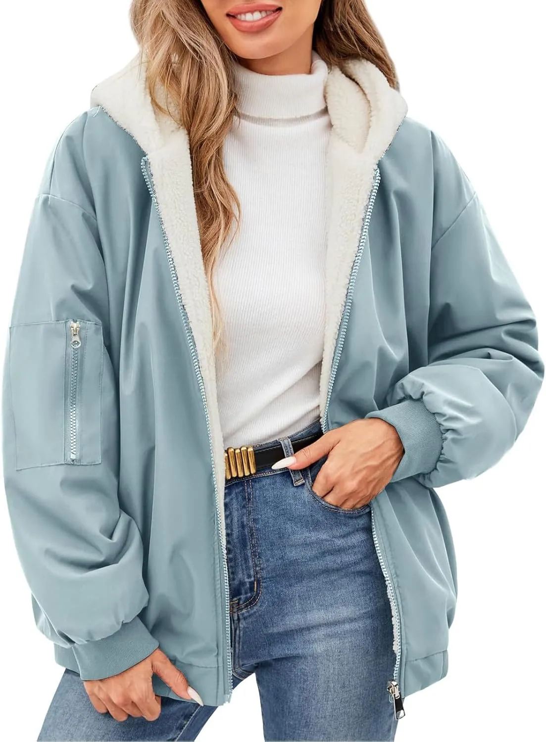 Rain Coat for Women Waterproof Reversible Fleece Line Jacket Loose Fit Zip Up Hoodie Insulated Windbreaker with Pocket