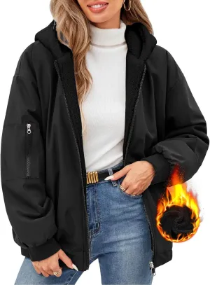 Rain Coat for Women Waterproof Reversible Fleece Line Jacket Loose Fit Zip Up Hoodie Insulated Windbreaker with Pocket