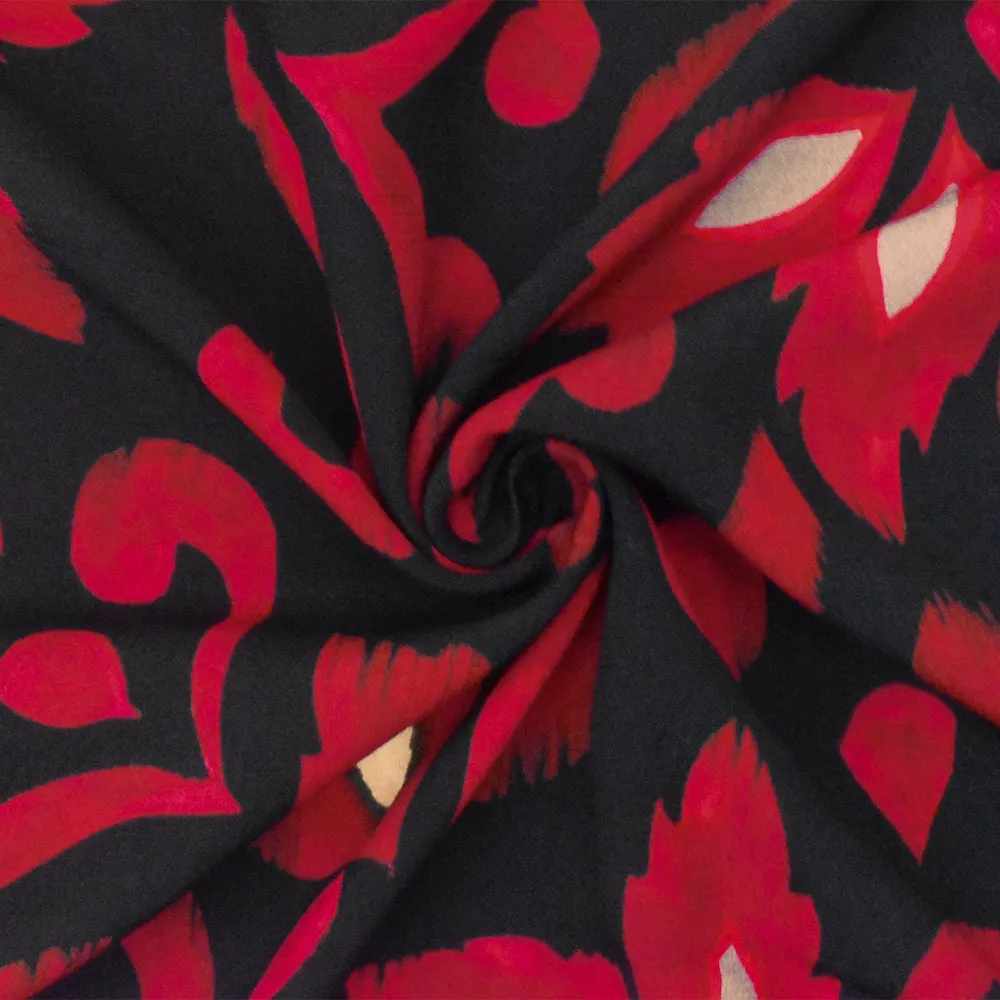Red-Black Famous Designer Viscose Floral Printed Crepe Faille Fabric