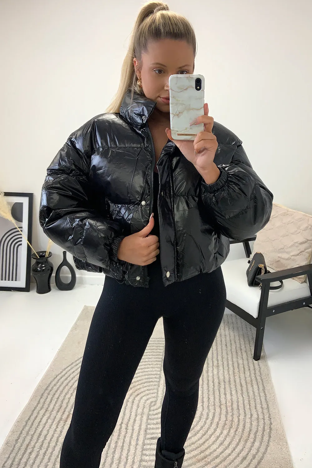 Reeya Black Cropped Puffer Jacket