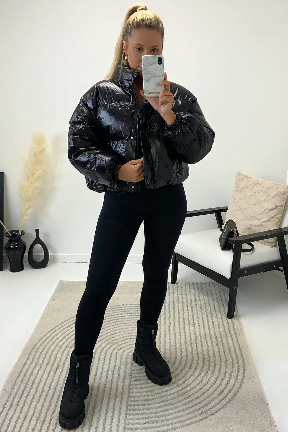 Reeya Black Cropped Puffer Jacket
