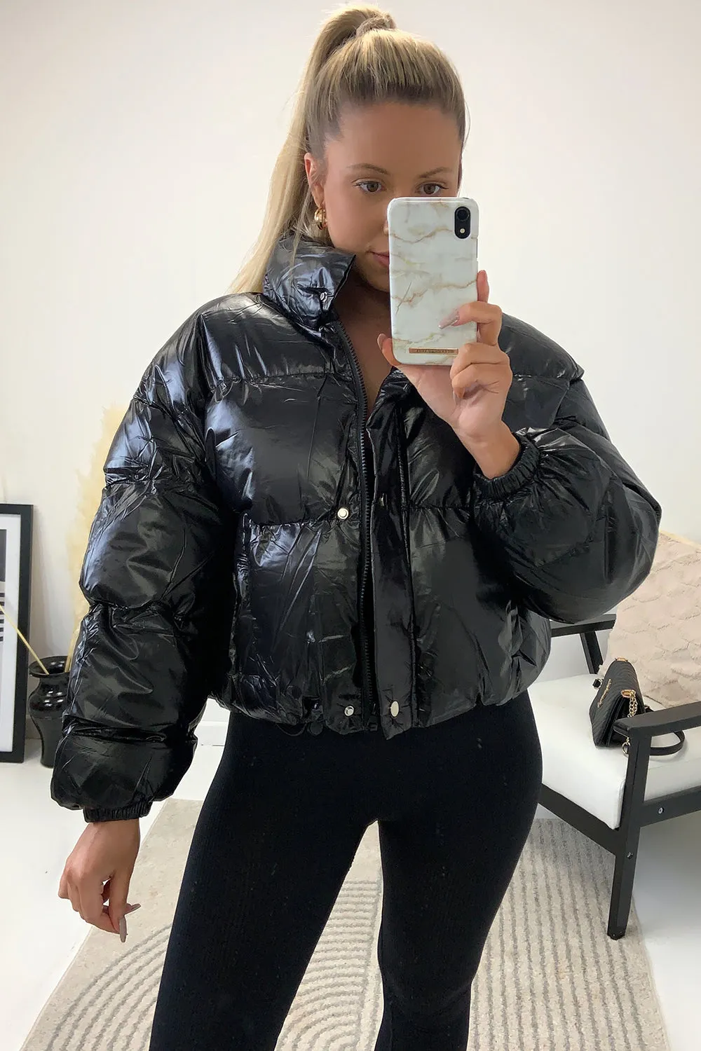 Reeya Black Cropped Puffer Jacket