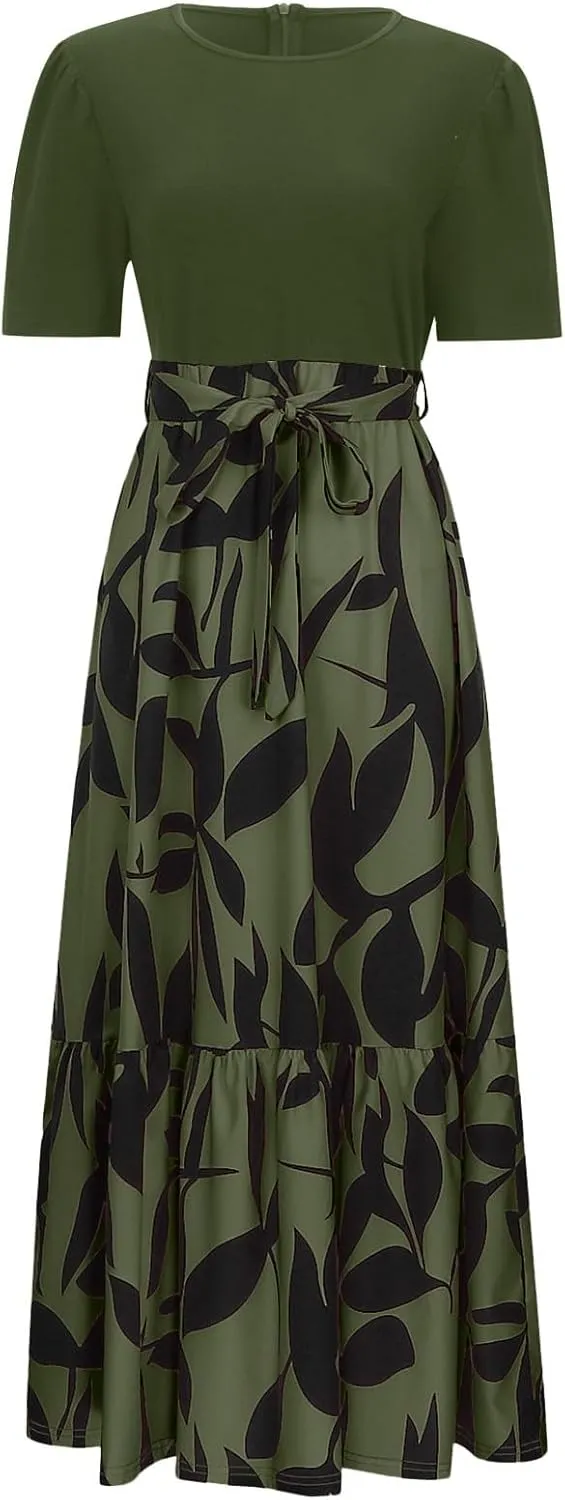 Rvidbe Summer Dresses for Women 2025 Floral Print Wrap Short Sleeve Maxi Dress Casual Patchwork Ruffle Hem A Line Sundress