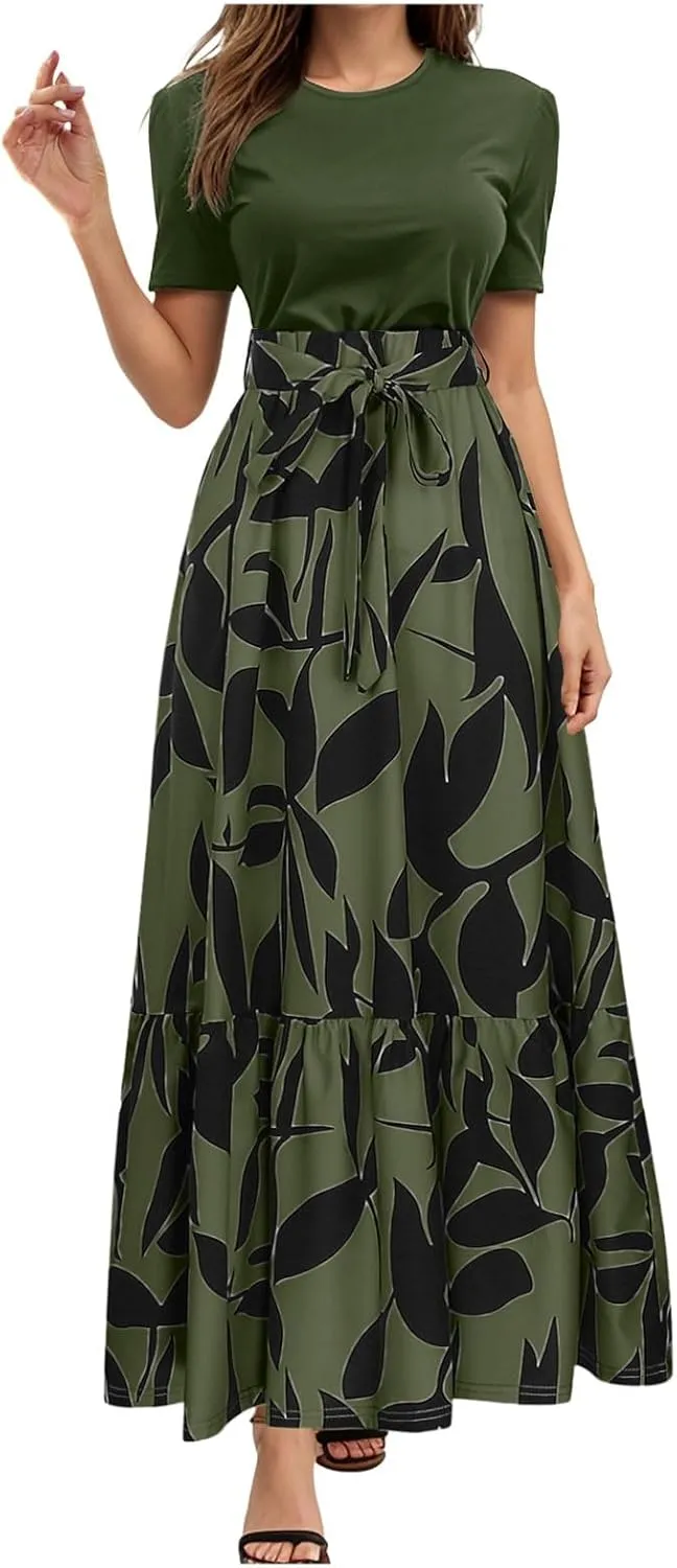 Rvidbe Summer Dresses for Women 2025 Floral Print Wrap Short Sleeve Maxi Dress Casual Patchwork Ruffle Hem A Line Sundress