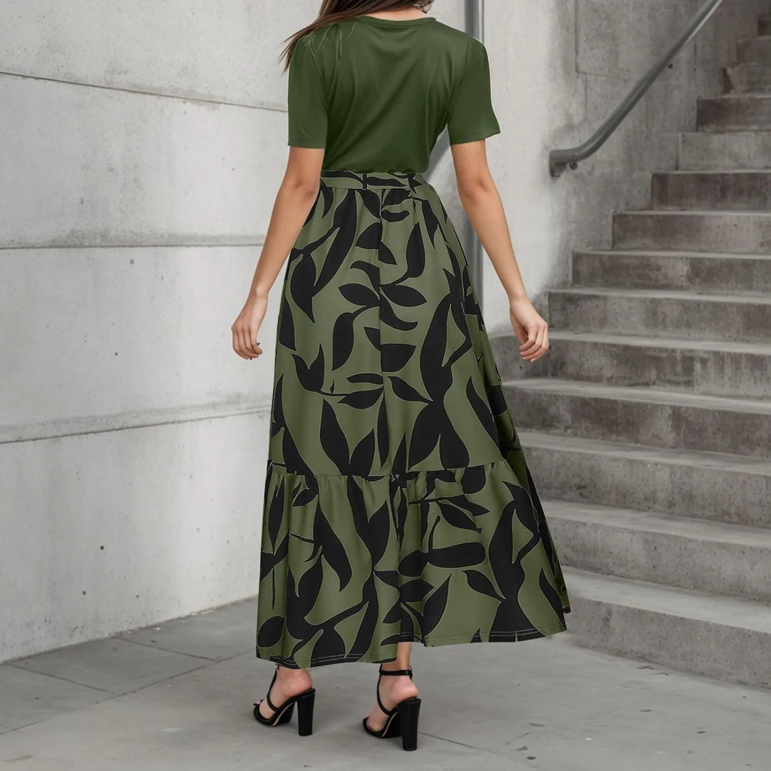 Rvidbe Summer Dresses for Women 2025 Floral Print Wrap Short Sleeve Maxi Dress Casual Patchwork Ruffle Hem A Line Sundress