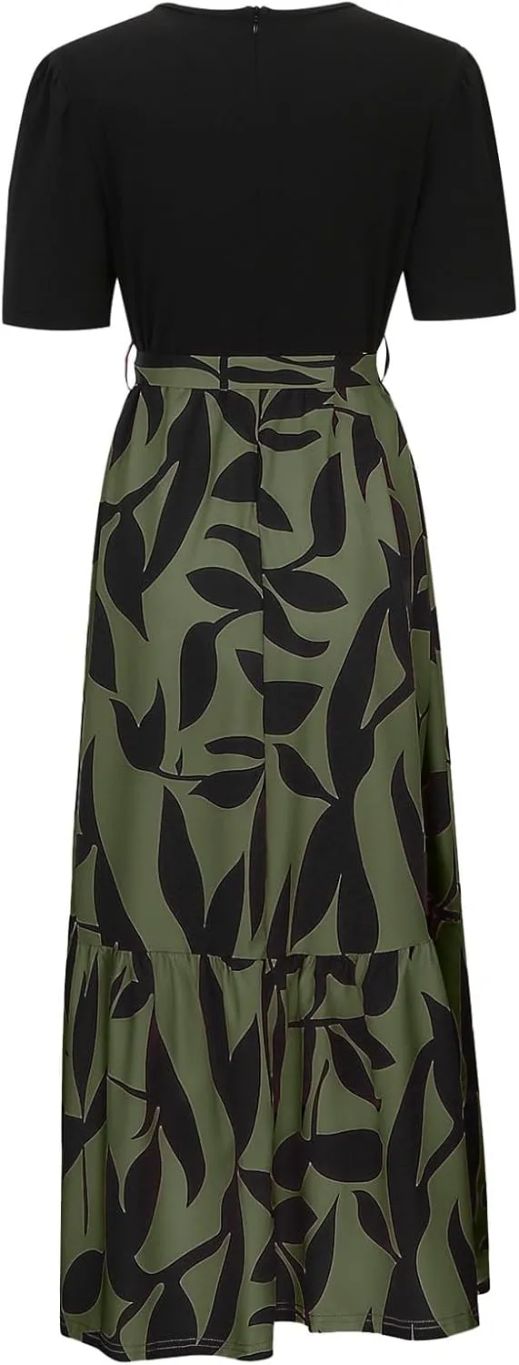Rvidbe Summer Dresses for Women 2025 Floral Print Wrap Short Sleeve Maxi Dress Casual Patchwork Ruffle Hem A Line Sundress