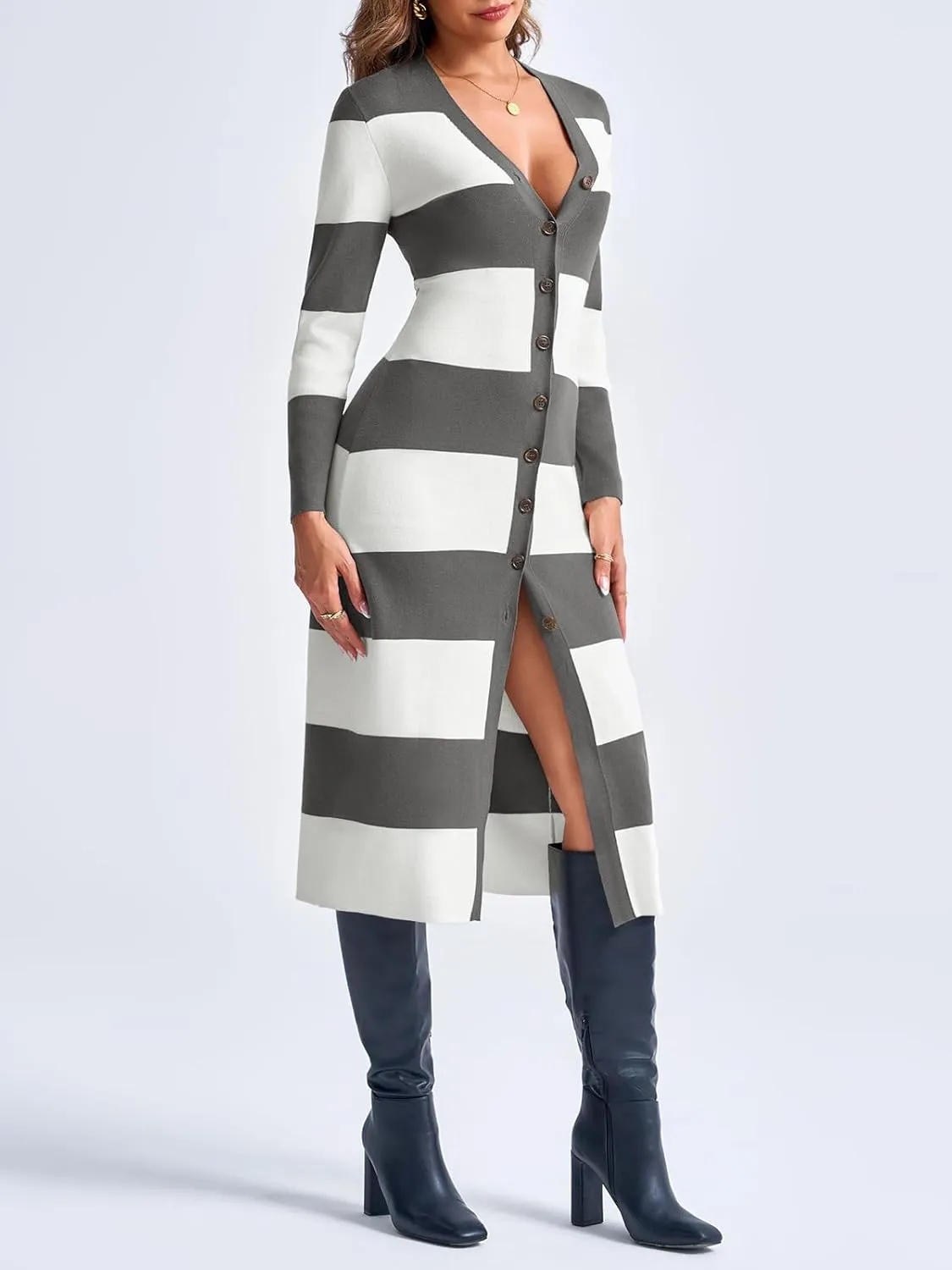 Saodimallsu Womens Striped Sweater Dress Button V Neck Long Sleeve Knit Fall Trendy Bodycon Midi Dresses Cardigans