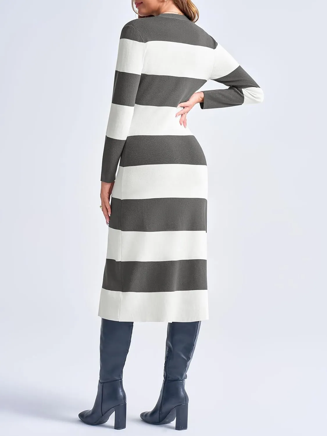 Saodimallsu Womens Striped Sweater Dress Button V Neck Long Sleeve Knit Fall Trendy Bodycon Midi Dresses Cardigans
