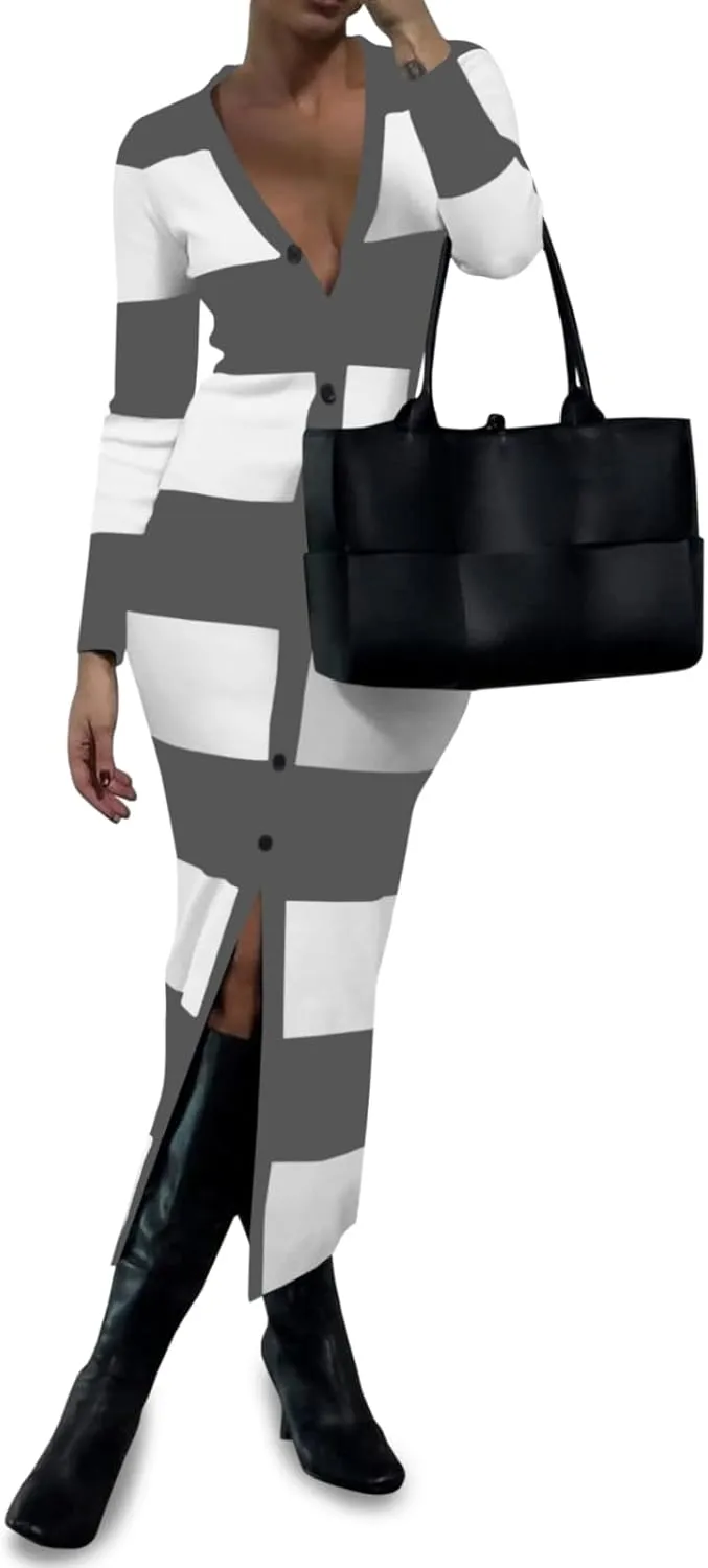 Saodimallsu Womens Striped Sweater Dress Button V Neck Long Sleeve Knit Fall Trendy Bodycon Midi Dresses Cardigans