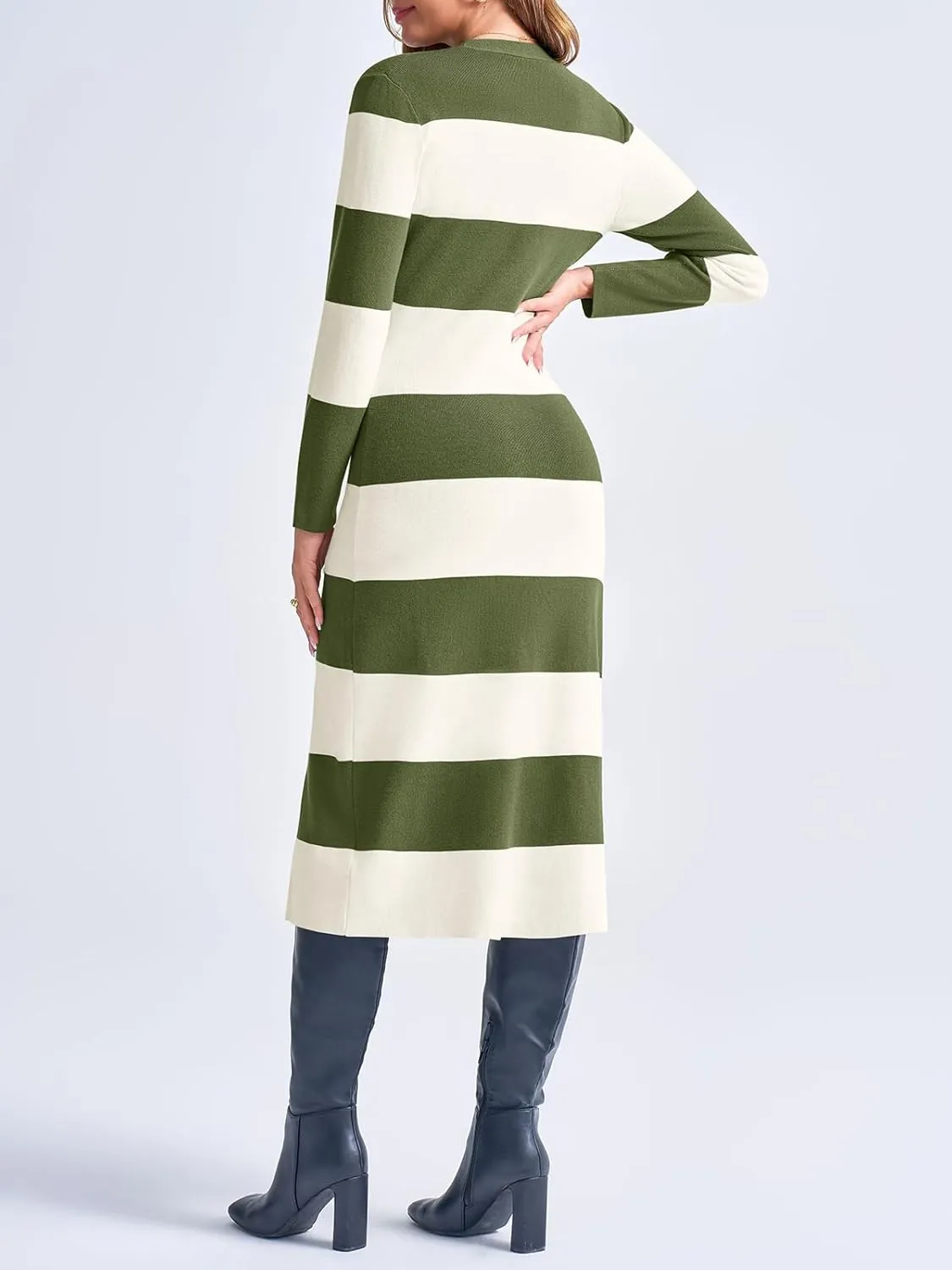 Saodimallsu Womens Striped Sweater Dress Button V Neck Long Sleeve Knit Fall Trendy Bodycon Midi Dresses Cardigans