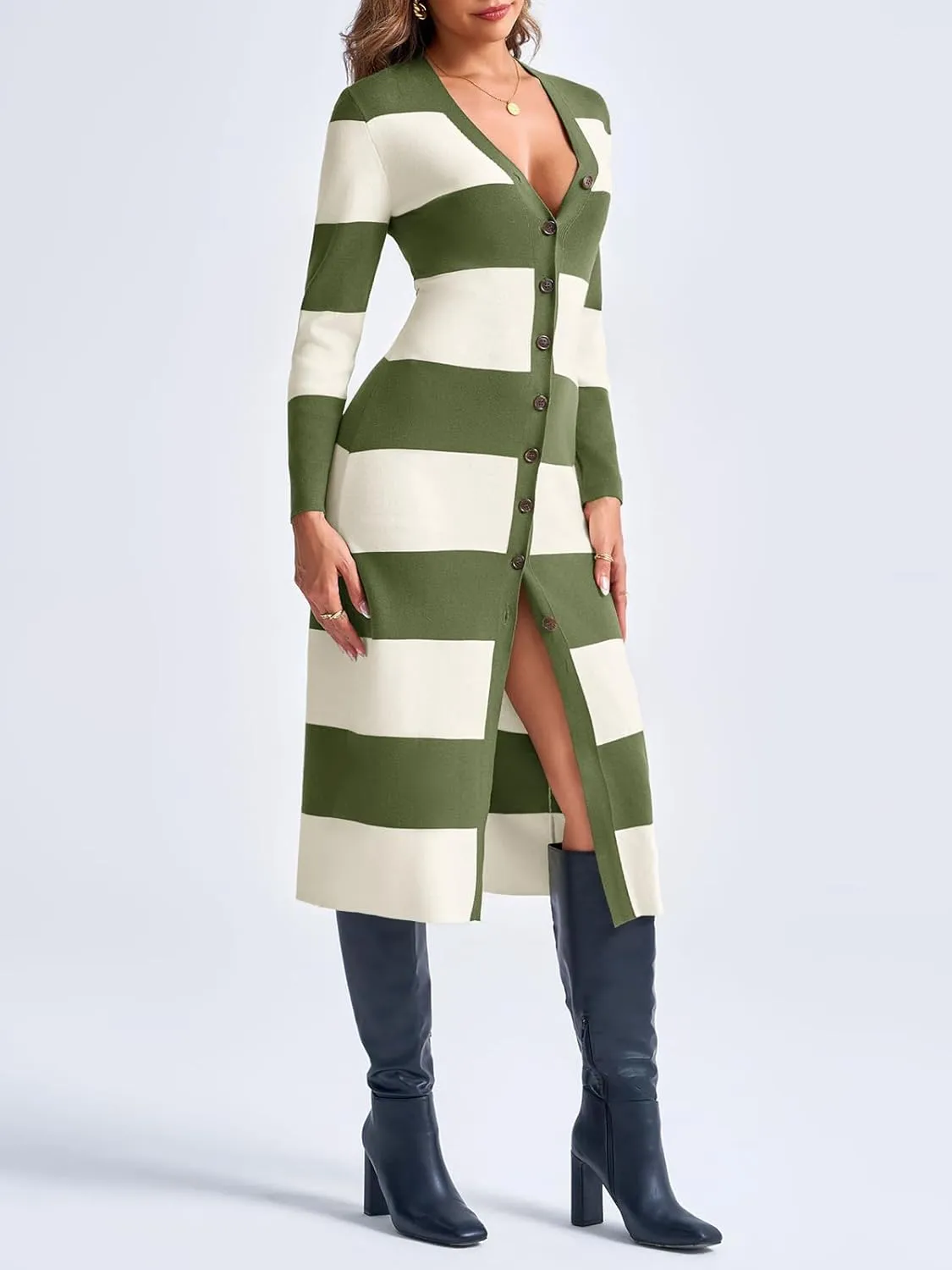 Saodimallsu Womens Striped Sweater Dress Button V Neck Long Sleeve Knit Fall Trendy Bodycon Midi Dresses Cardigans