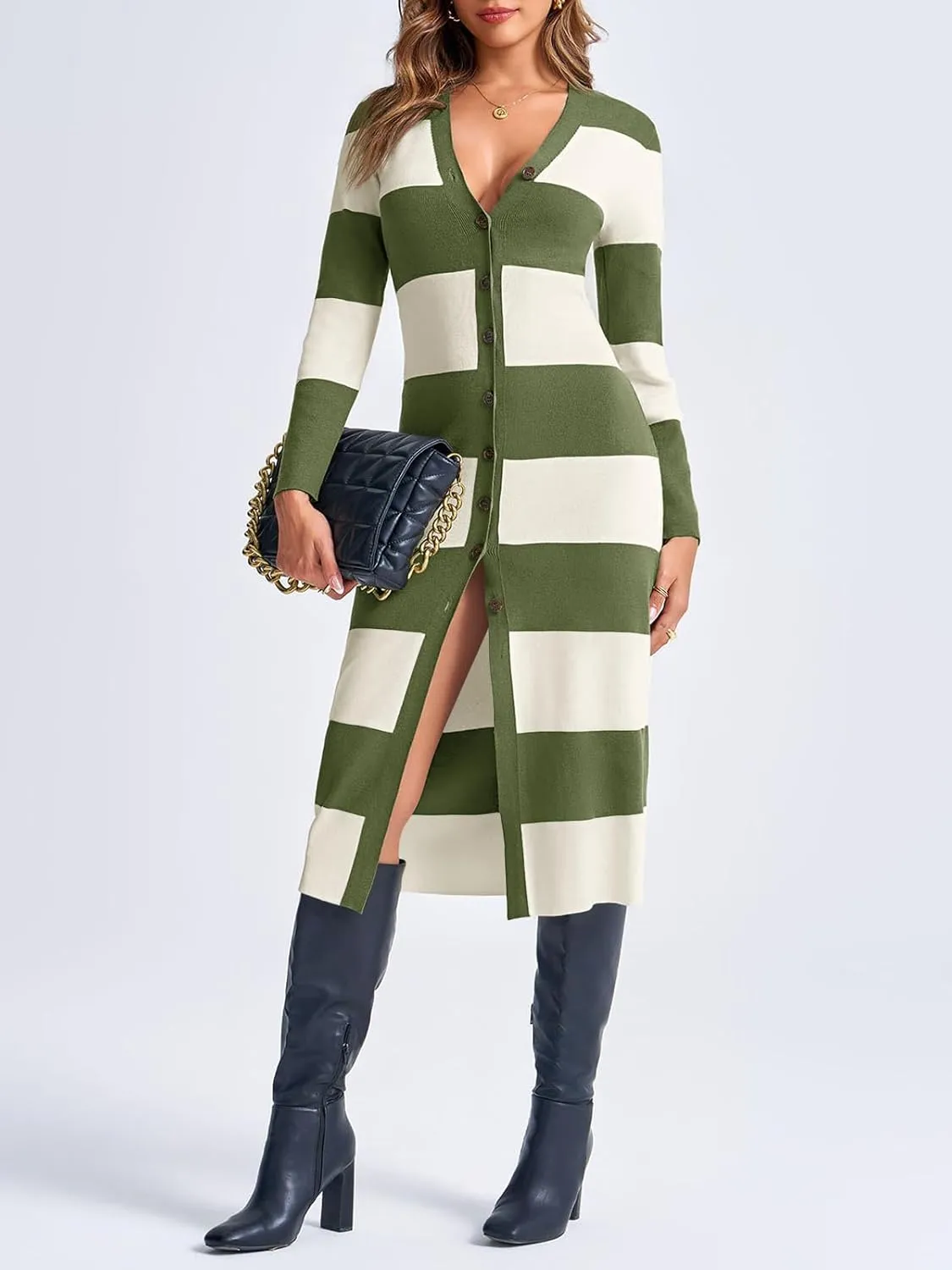 Saodimallsu Womens Striped Sweater Dress Button V Neck Long Sleeve Knit Fall Trendy Bodycon Midi Dresses Cardigans
