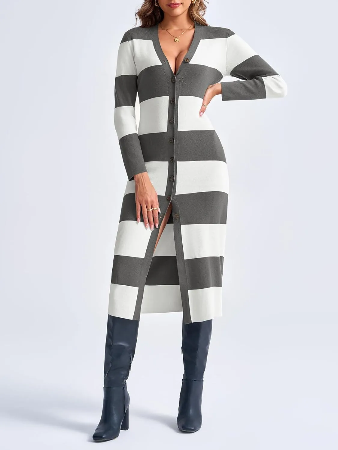 Saodimallsu Womens Striped Sweater Dress Button V Neck Long Sleeve Knit Fall Trendy Bodycon Midi Dresses Cardigans