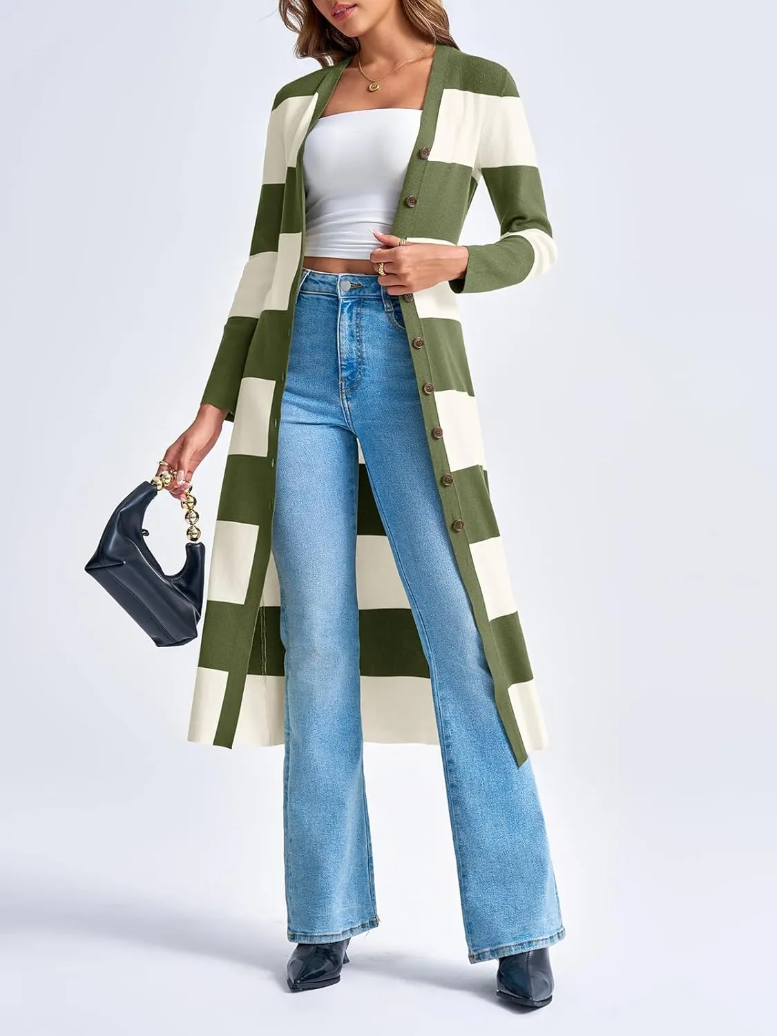 Saodimallsu Womens Striped Sweater Dress Button V Neck Long Sleeve Knit Fall Trendy Bodycon Midi Dresses Cardigans