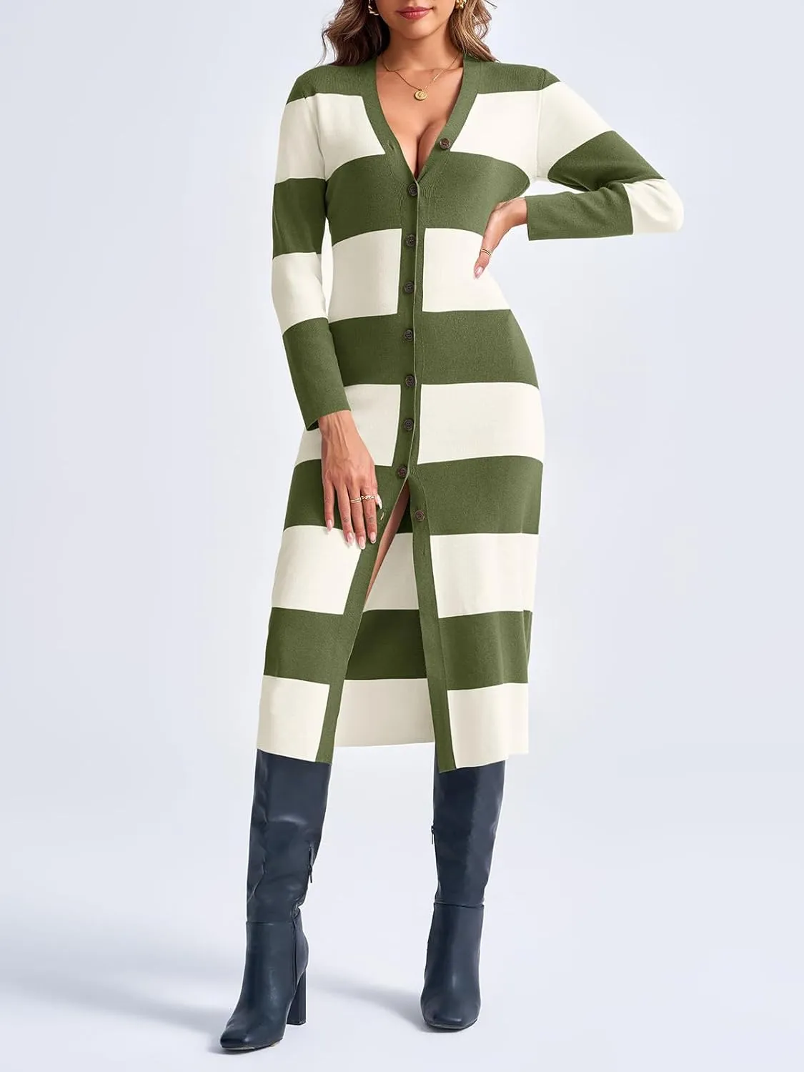 Saodimallsu Womens Striped Sweater Dress Button V Neck Long Sleeve Knit Fall Trendy Bodycon Midi Dresses Cardigans