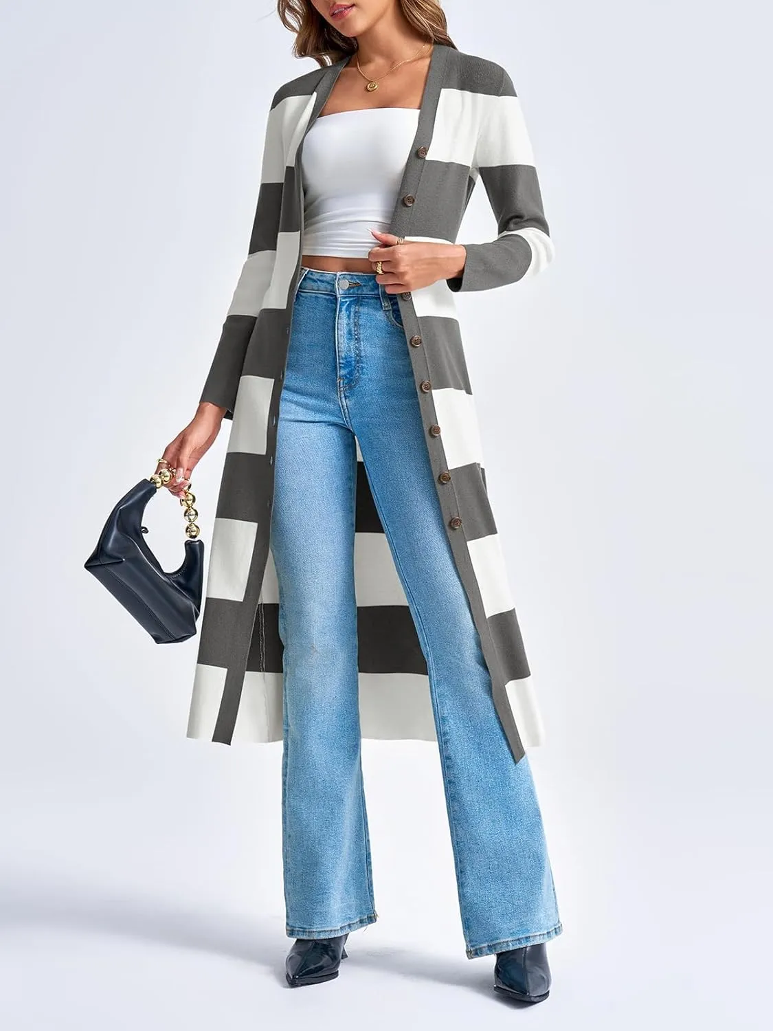 Saodimallsu Womens Striped Sweater Dress Button V Neck Long Sleeve Knit Fall Trendy Bodycon Midi Dresses Cardigans