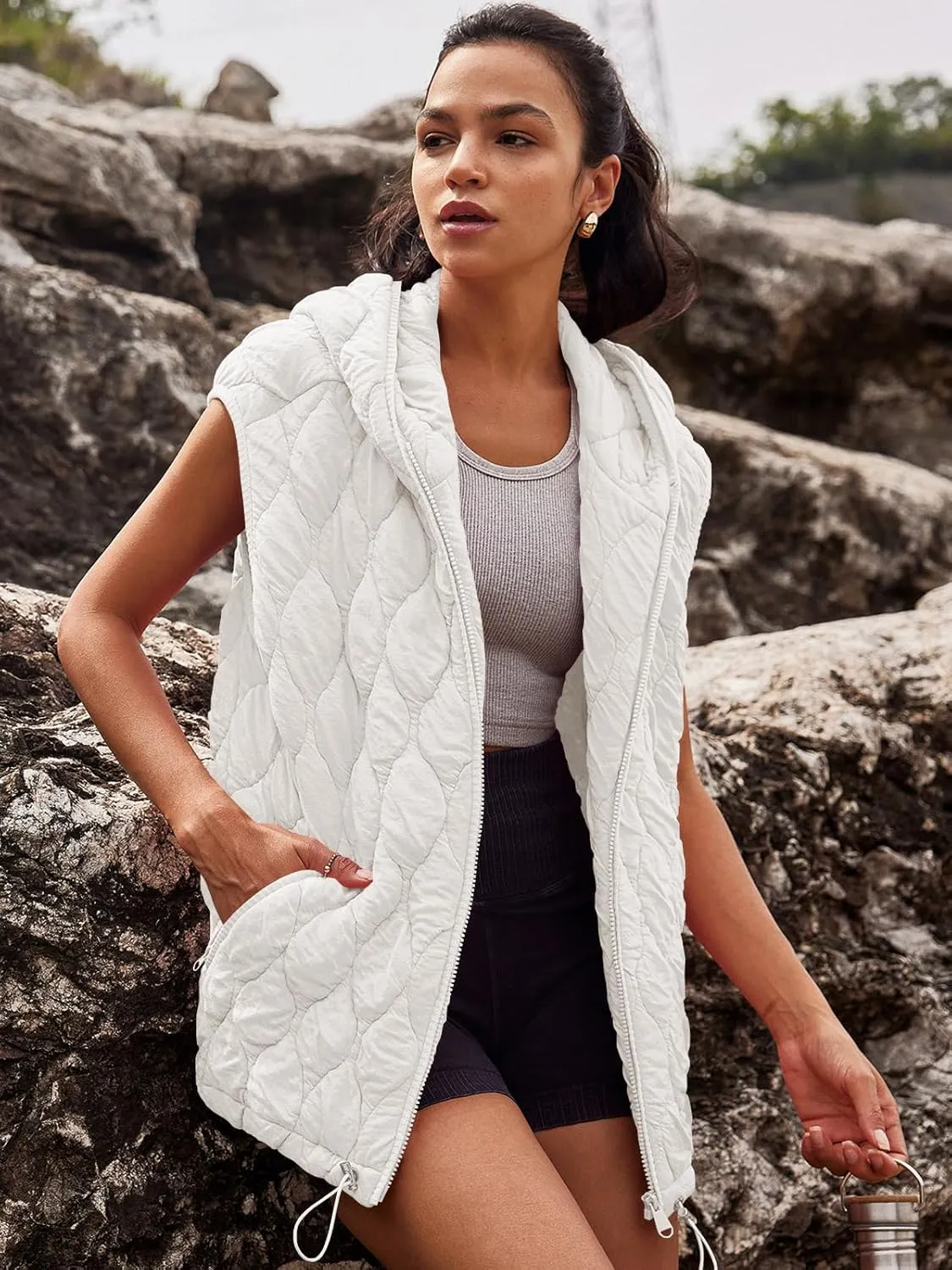 SENSERISE Womens Oversized Puffer Vest Sleeveless Quilted Jacket Zip Up Hoodie Winter Coat with Pockets Padded Gilet