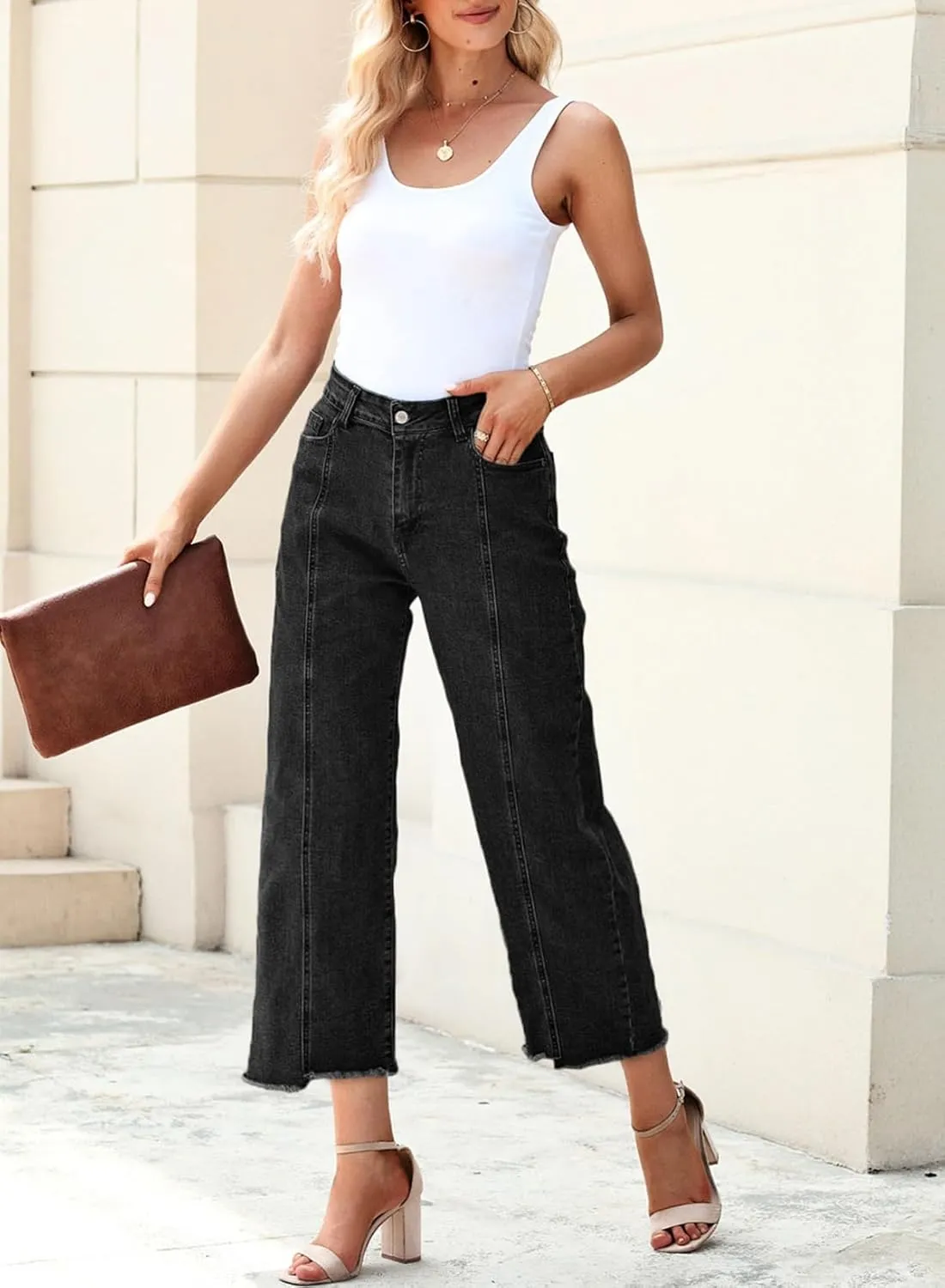 Sidefeel Women's Jeans High Waisted Wide Leg Loose Fit Straight Leg Zimbaplatinum Cropped Denim Pants