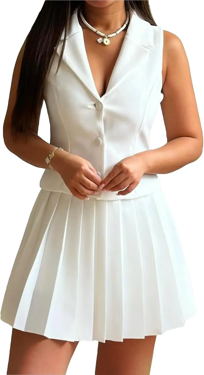 Skirt Suit Set for Women V Neck Backless Sleeveless Blazer Vest and Mini Pleated Skirts