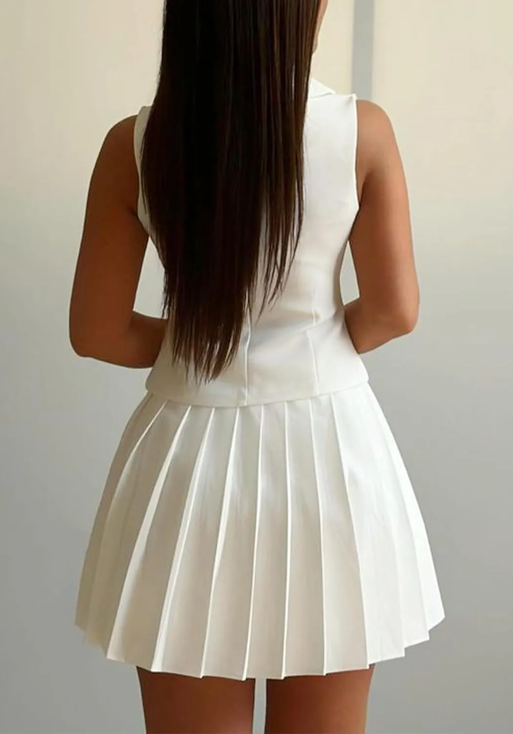 Skirt Suit Set for Women V Neck Backless Sleeveless Blazer Vest and Mini Pleated Skirts