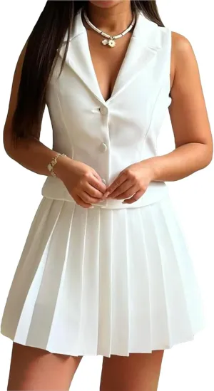 Skirt Suit Set for Women V Neck Backless Sleeveless Blazer Vest and Mini Pleated Skirts