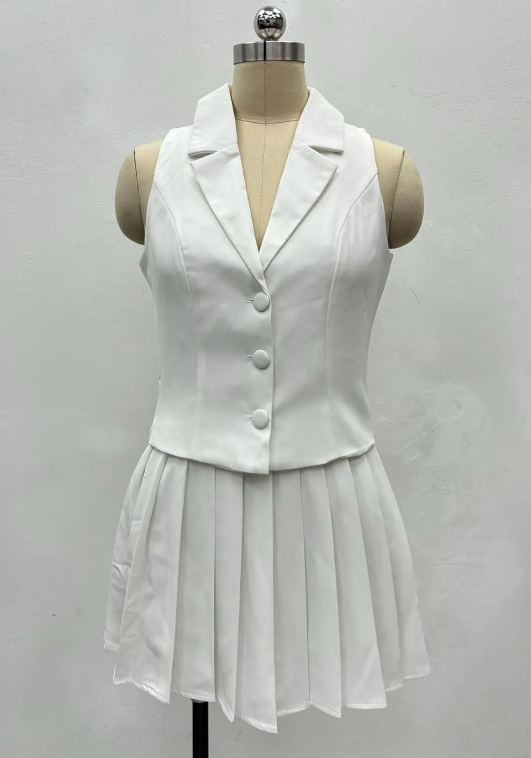 Skirt Suit Set for Women V Neck Backless Sleeveless Blazer Vest and Mini Pleated Skirts