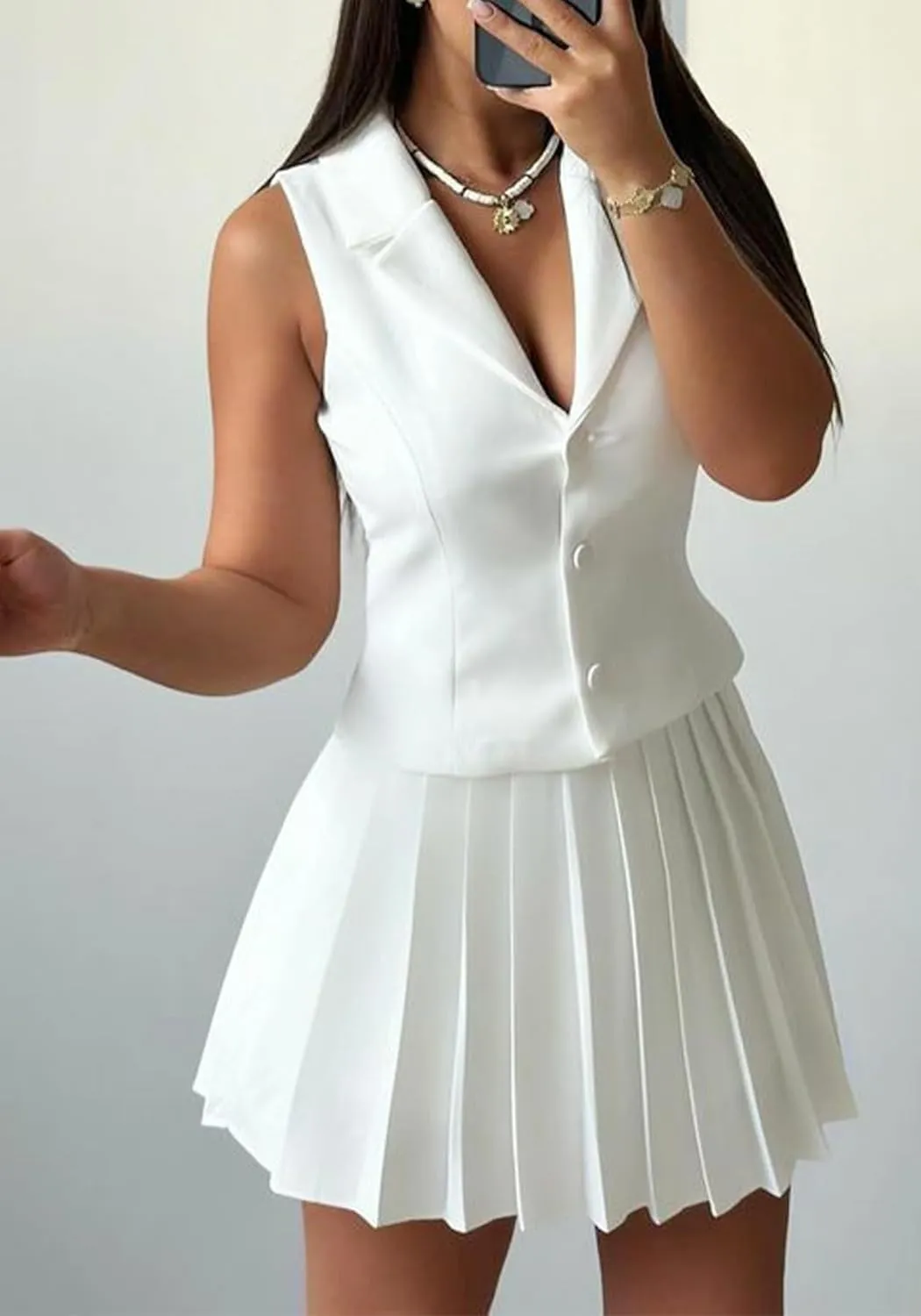 Skirt Suit Set for Women V Neck Backless Sleeveless Blazer Vest and Mini Pleated Skirts