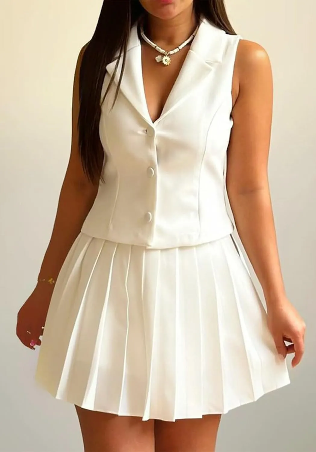 Skirt Suit Set for Women V Neck Backless Sleeveless Blazer Vest and Mini Pleated Skirts