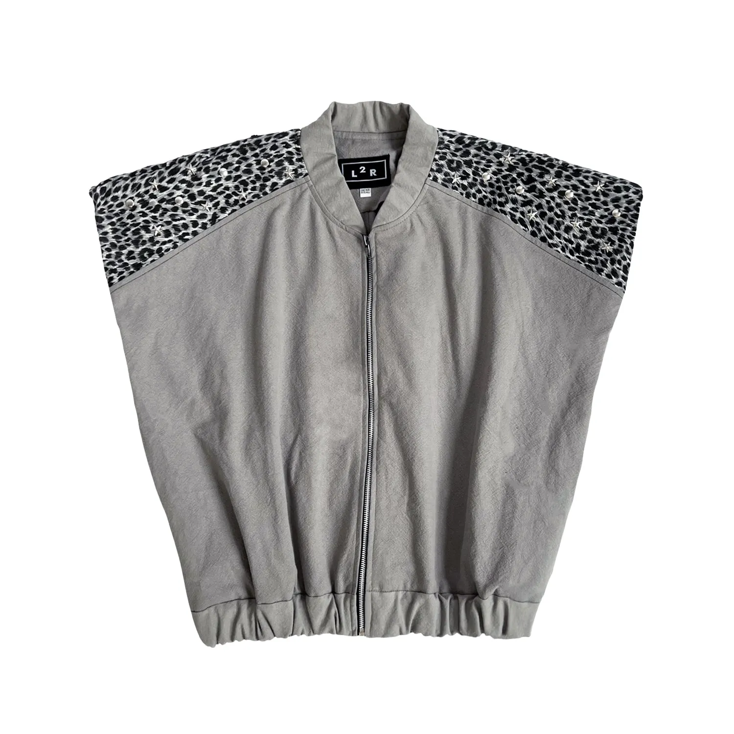 Studded Leopard-Print Sleeveless Bomber Jacket in Grey