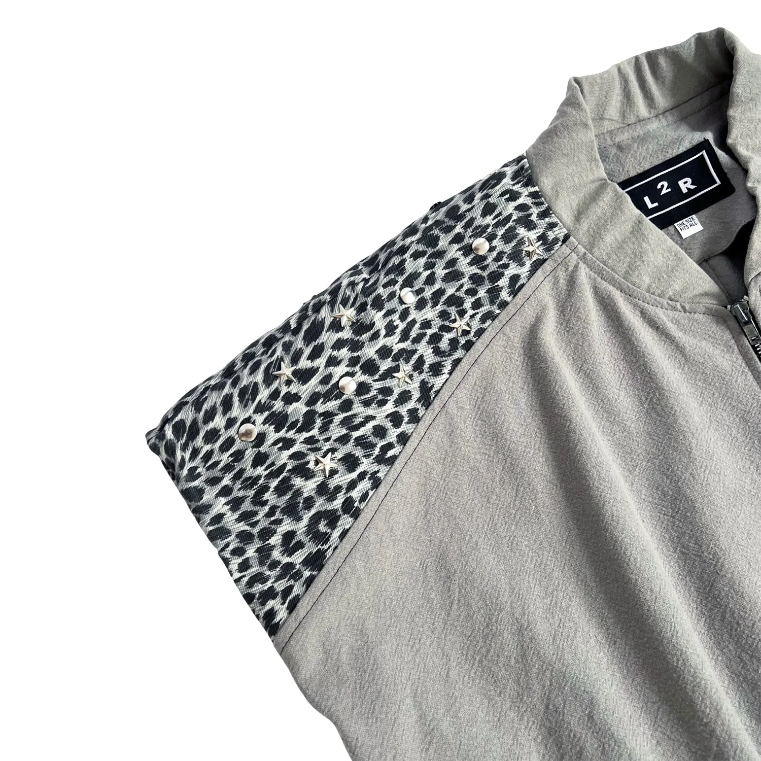 Studded Leopard-Print Sleeveless Bomber Jacket in Grey