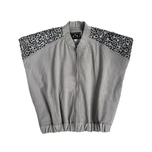 Studded Leopard-Print Sleeveless Bomber Jacket in Grey