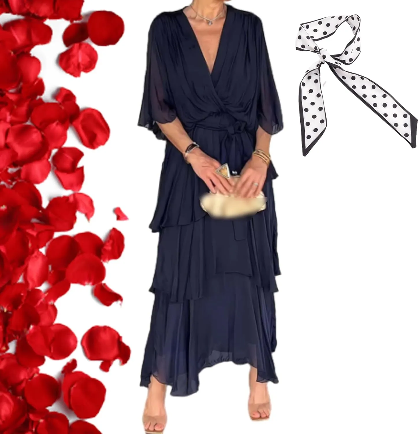 Stylish and Elegant Tiered Chiffon Maxi Dress,Summer Solid V Neck Batwing Sleeves Formal Evening Dresses for Women