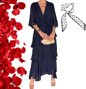 Stylish and Elegant Tiered Chiffon Maxi Dress,Summer Solid V Neck Batwing Sleeves Formal Evening Dresses for Women