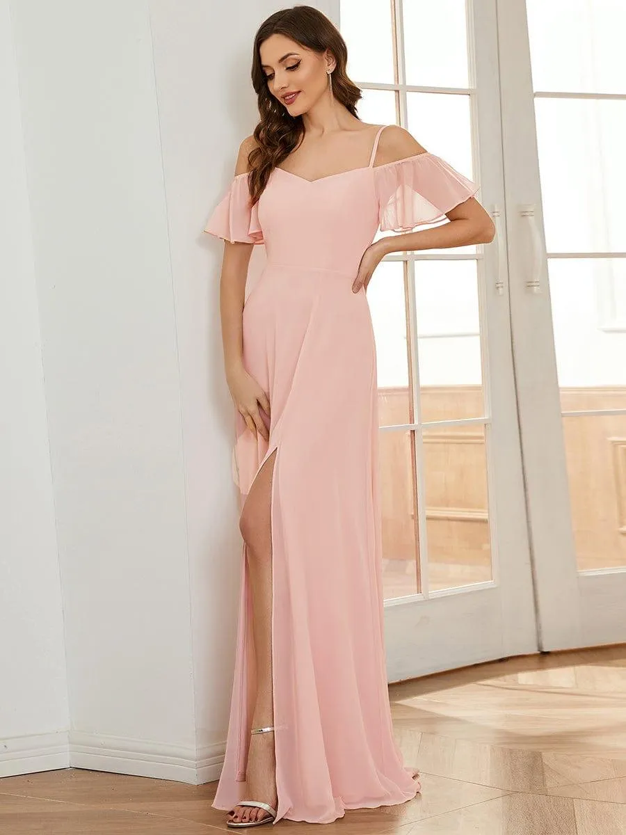Stylish Cold-Shoulder Floor Length Bridesmaid Dress with Side Slit