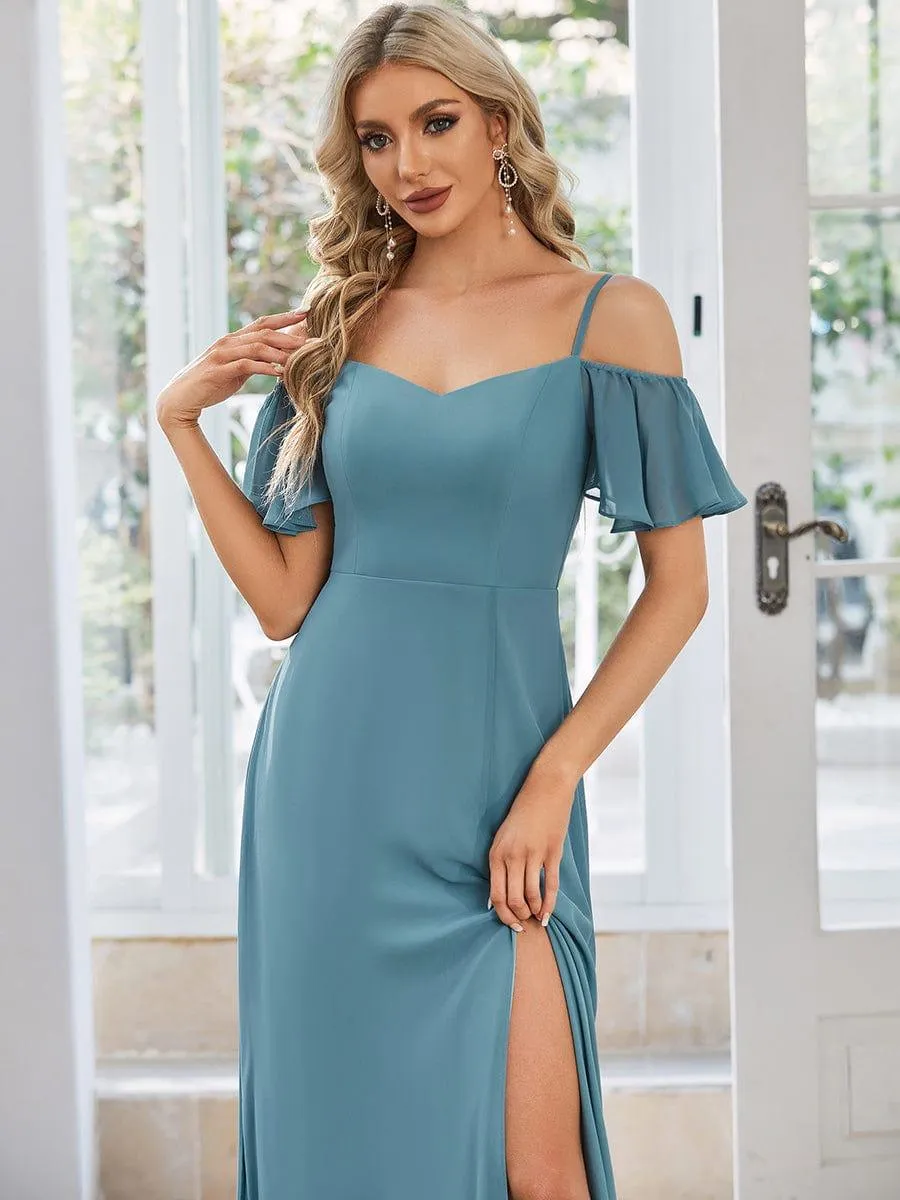 Stylish Cold-Shoulder Floor Length Bridesmaid Dress with Side Slit
