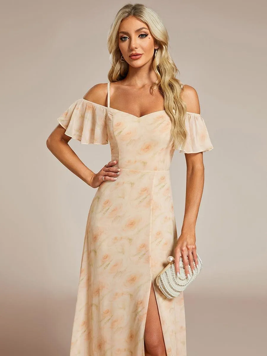 Stylish Cold-Shoulder Floor Length Bridesmaid Dress with Side Slit