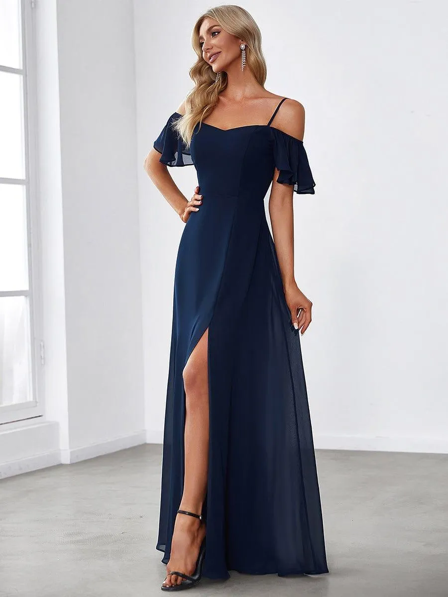 Stylish Cold-Shoulder Floor Length Bridesmaid Dress with Side Slit