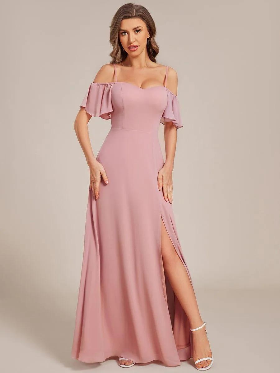 Stylish Cold-Shoulder Floor Length Bridesmaid Dress with Side Slit