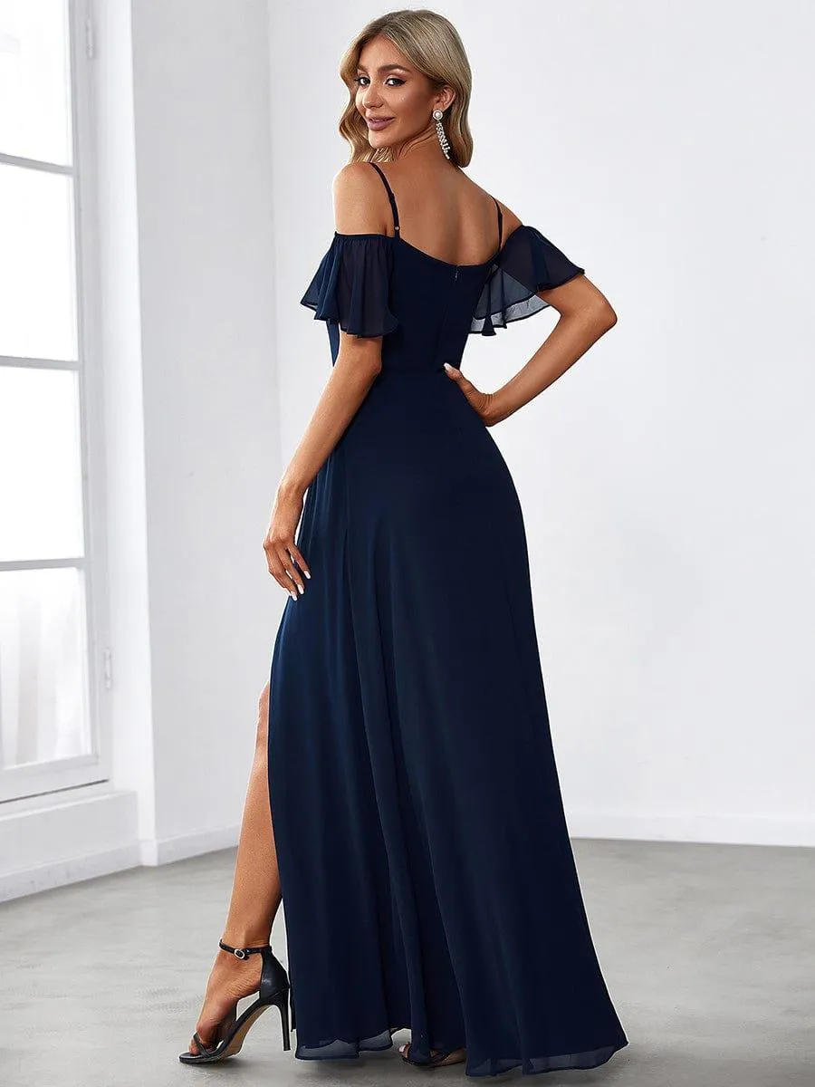Stylish Cold-Shoulder Floor Length Bridesmaid Dress with Side Slit