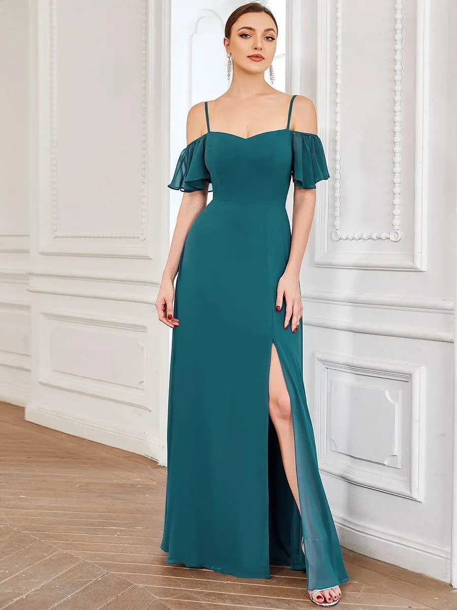 Stylish Cold-Shoulder Floor Length Bridesmaid Dress with Side Slit