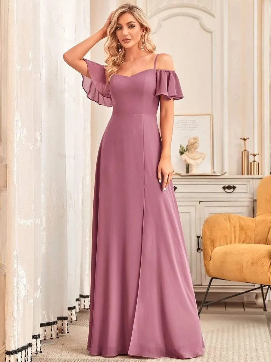 Stylish Cold-Shoulder Floor Length Bridesmaid Dress with Side Slit