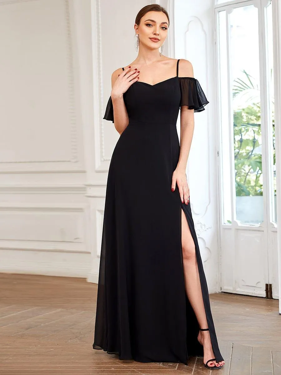 Stylish Cold-Shoulder Floor Length Bridesmaid Dress with Side Slit