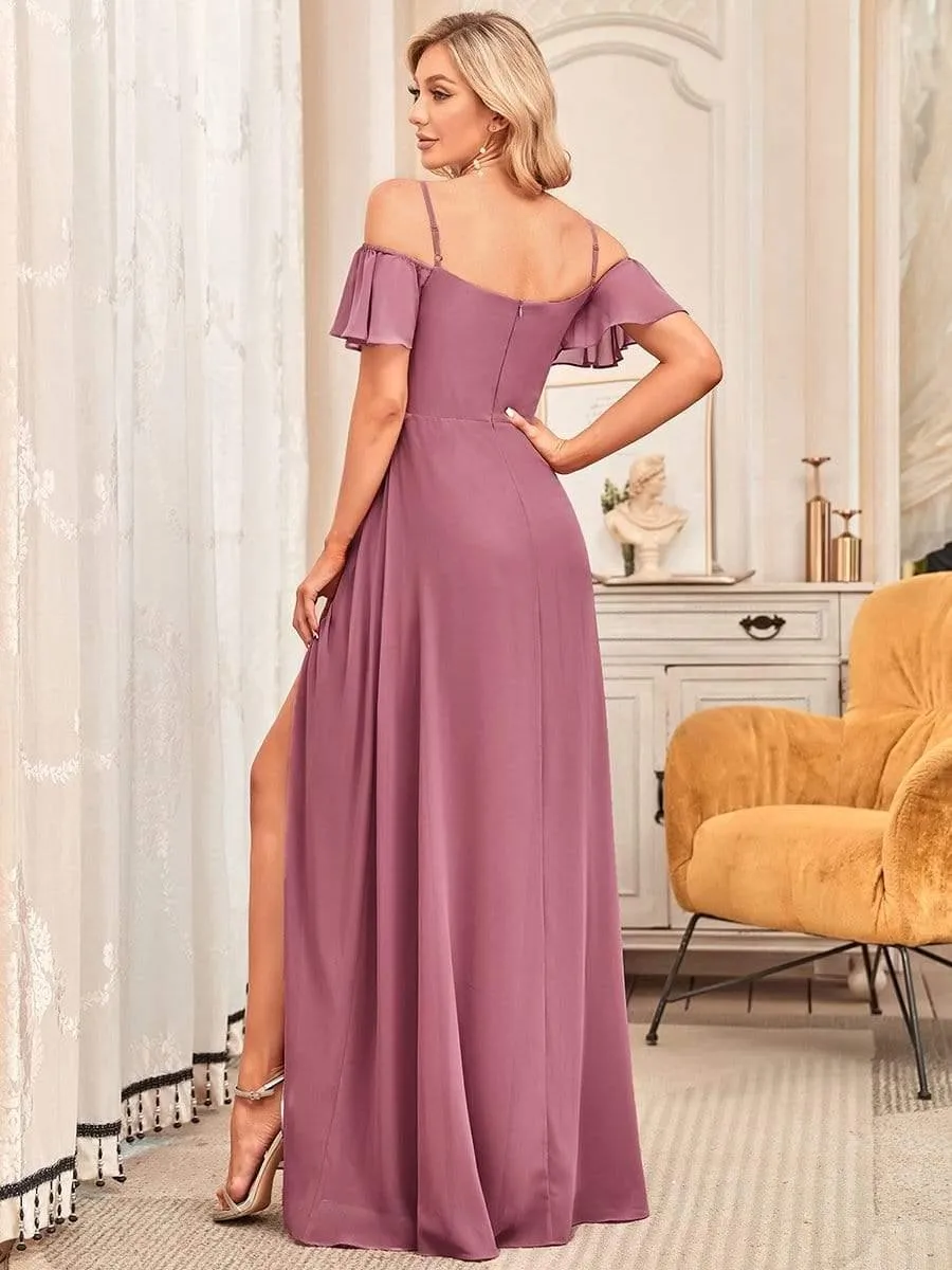 Stylish Cold-Shoulder Floor Length Bridesmaid Dress with Side Slit