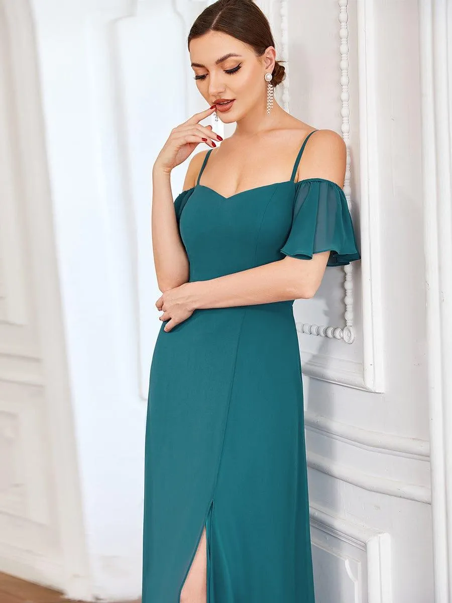 Stylish Cold-Shoulder Floor Length Bridesmaid Dress with Side Slit