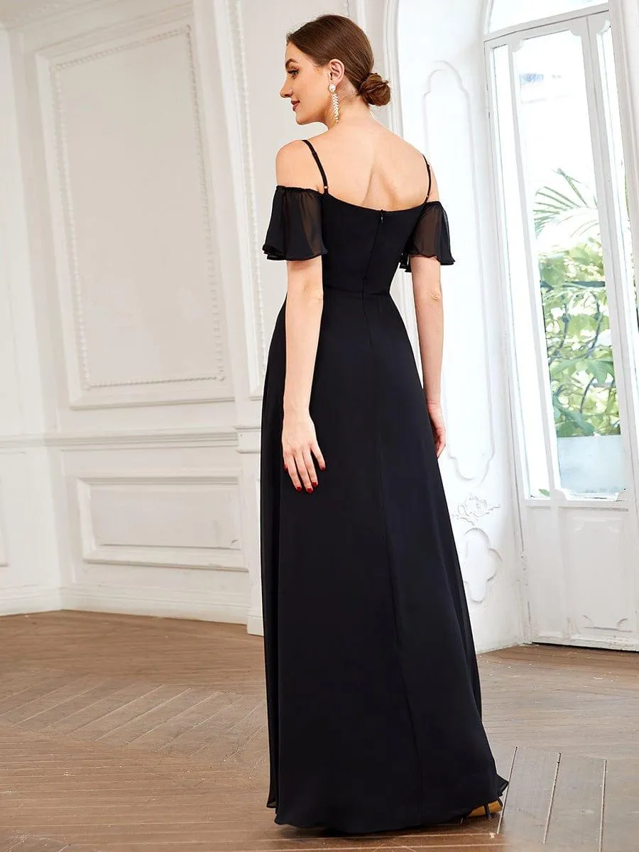 Stylish Cold-Shoulder Floor Length Bridesmaid Dress with Side Slit