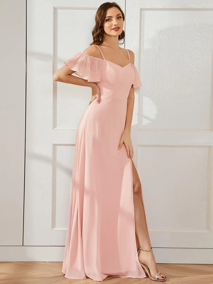 Stylish Cold-Shoulder Floor Length Bridesmaid Dress with Side Slit