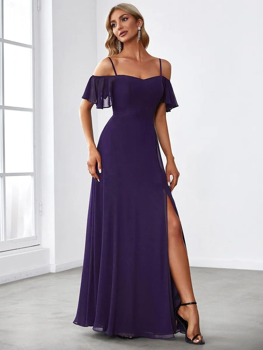 Stylish Cold-Shoulder Floor Length Bridesmaid Dress with Side Slit