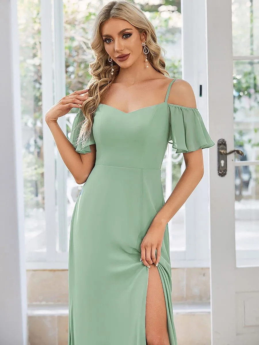 Stylish Cold-Shoulder Floor Length Bridesmaid Dress with Side Slit